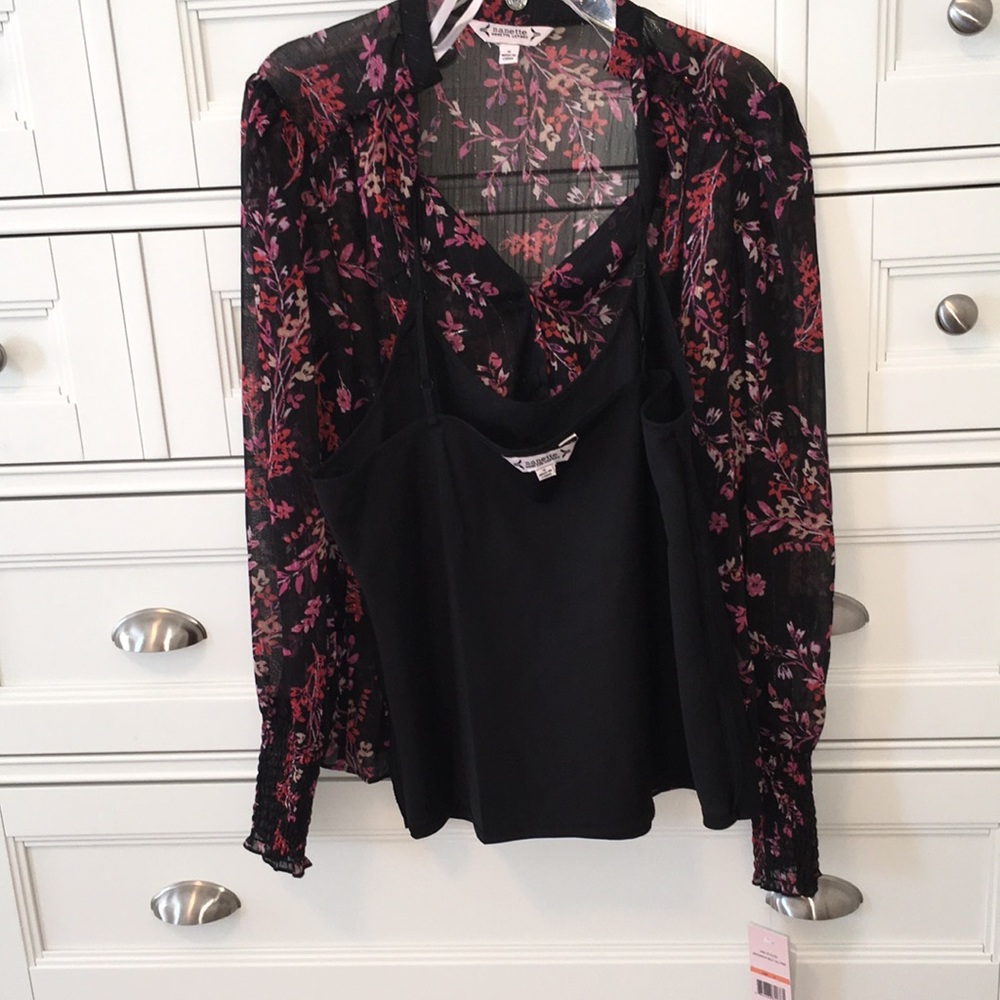 Nanette Lepore-NWT-Shear Black Button Down Shirt & Cami Set-Size Small - Picture 2 of 15